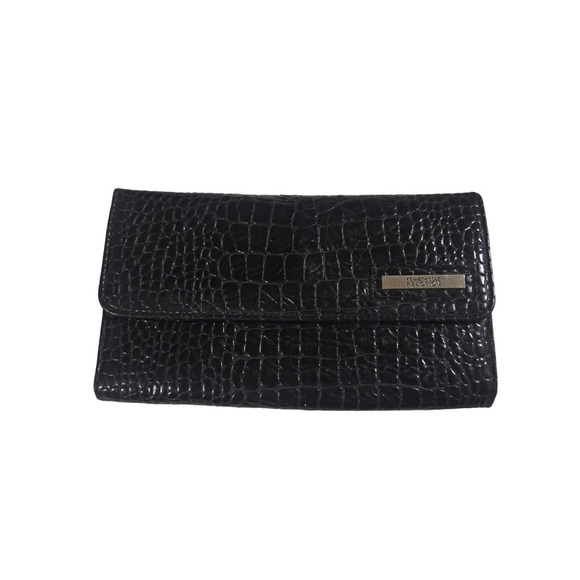 Kenneth Cole Reaction Handbags - Kenneth Cole Reaction Womens Black Croc Embossed Trifold Wallet Snap Closure